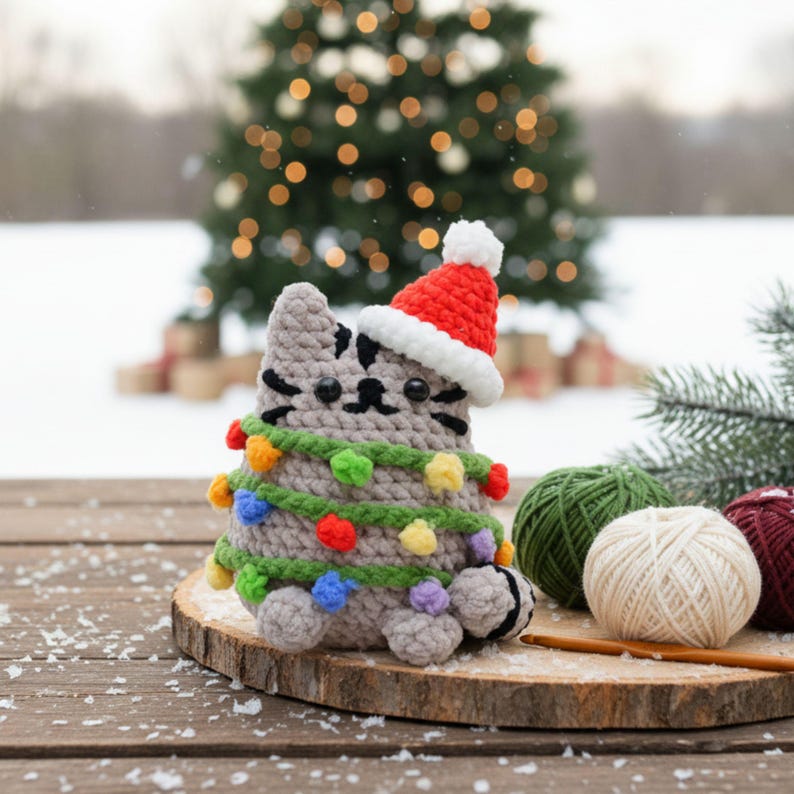 Christmas Cat tangled in chrismas tree lights crochet pattern